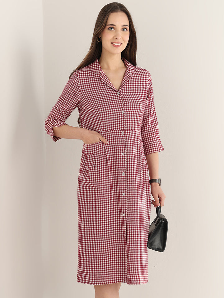 Hancock Women Maroon & White Checked Pure Cotton Regular Fit Formal Dress
