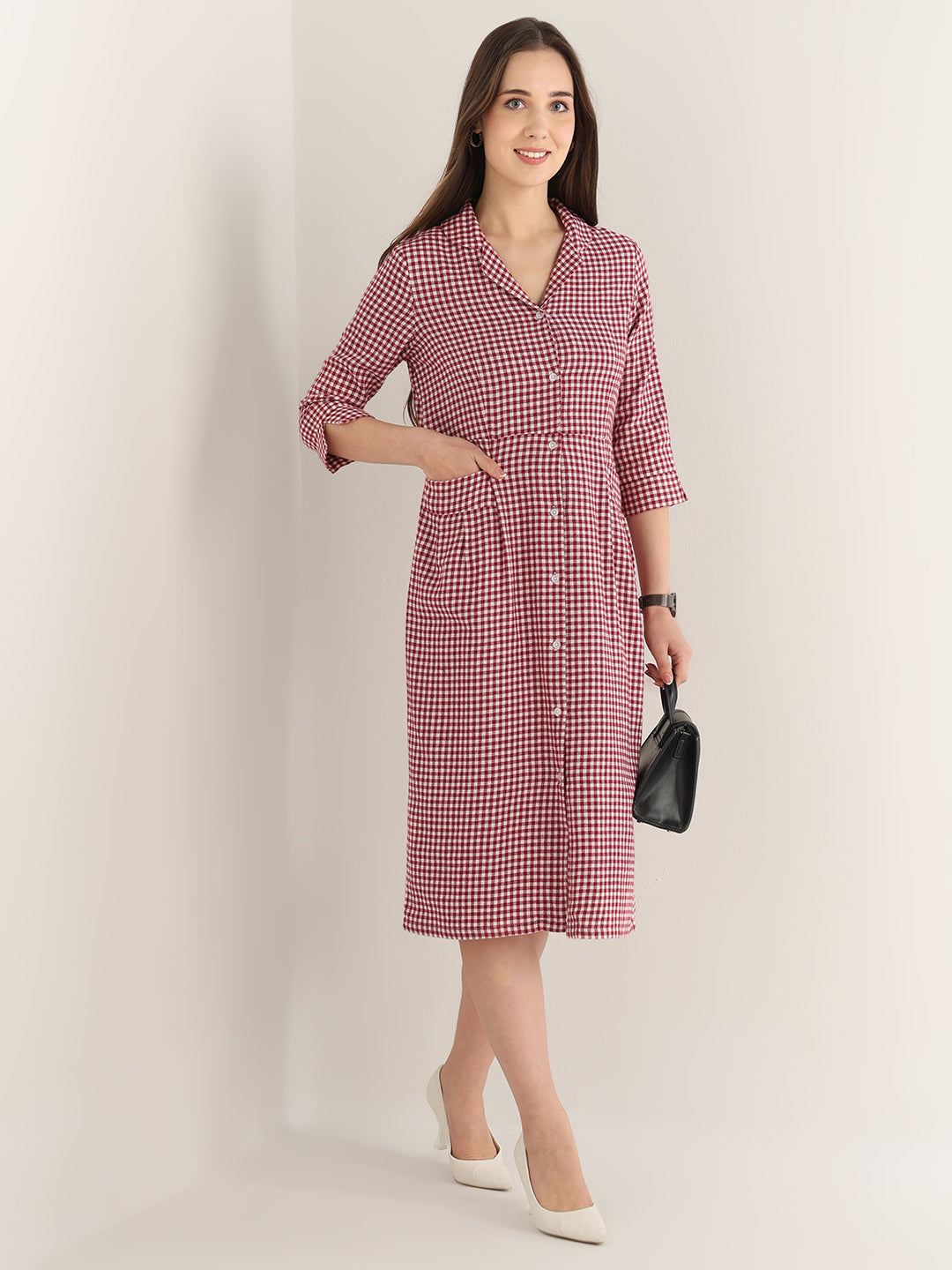 Hancock Women Maroon & White Checked Pure Cotton Regular Fit Formal Dress