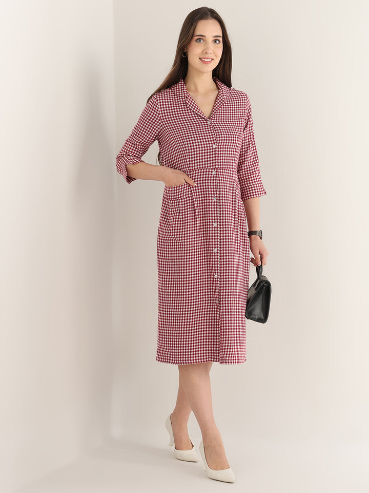 Hancock Women Maroon & White Checked Pure Cotton Regular Fit Formal Dress