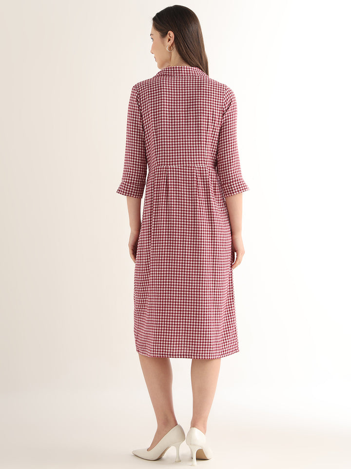 Hancock Women Maroon & White Checked Pure Cotton Regular Fit Formal Dress
