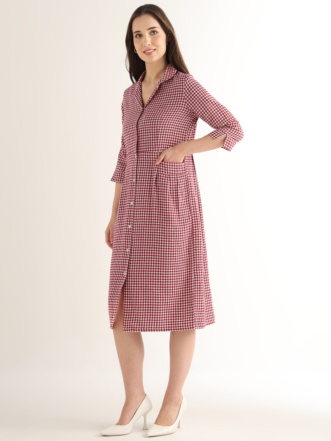 Hancock Women Maroon & White Checked Pure Cotton Regular Fit Formal Dress