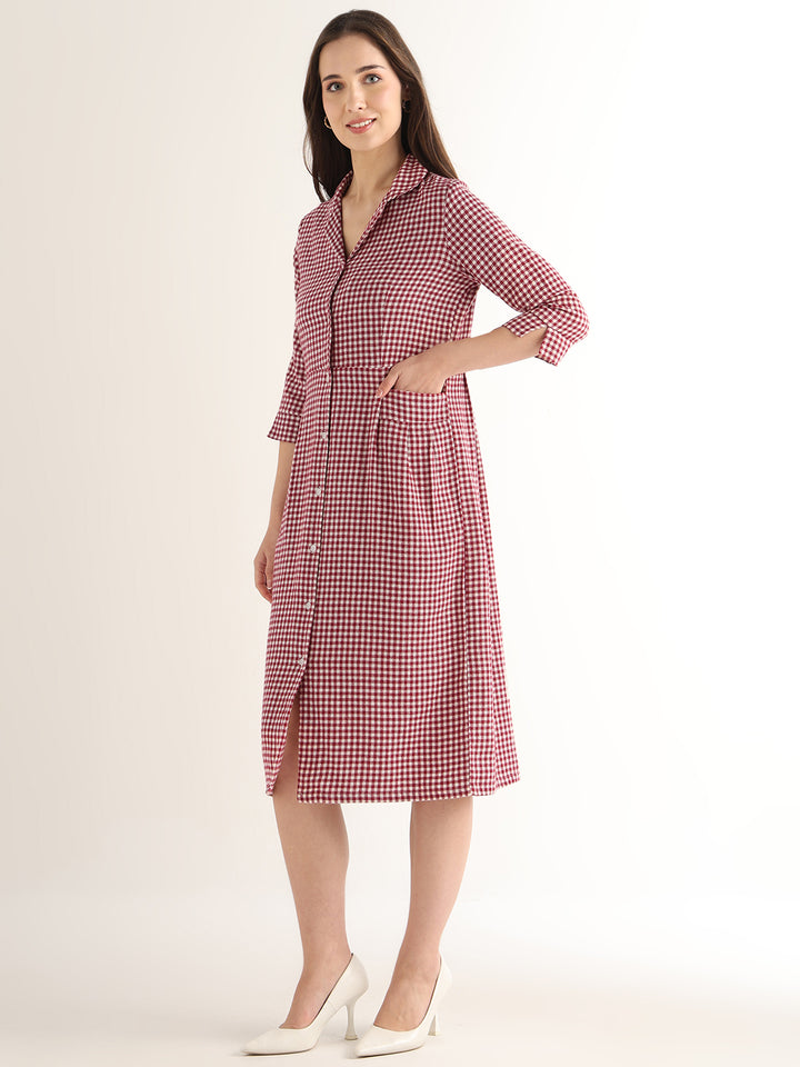 Hancock Women Maroon & White Checked Pure Cotton Regular Fit Formal Dress