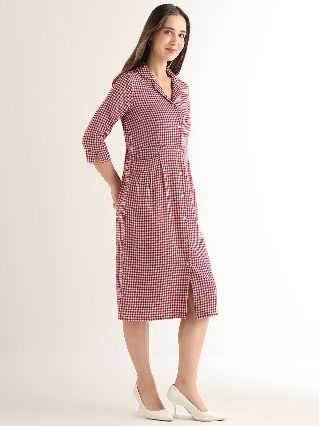 Hancock Women Maroon & White Checked Pure Cotton Regular Fit Formal Dress