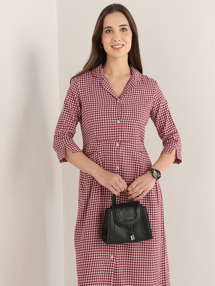 Hancock Women Maroon & White Checked Pure Cotton Regular Fit Formal Dress
