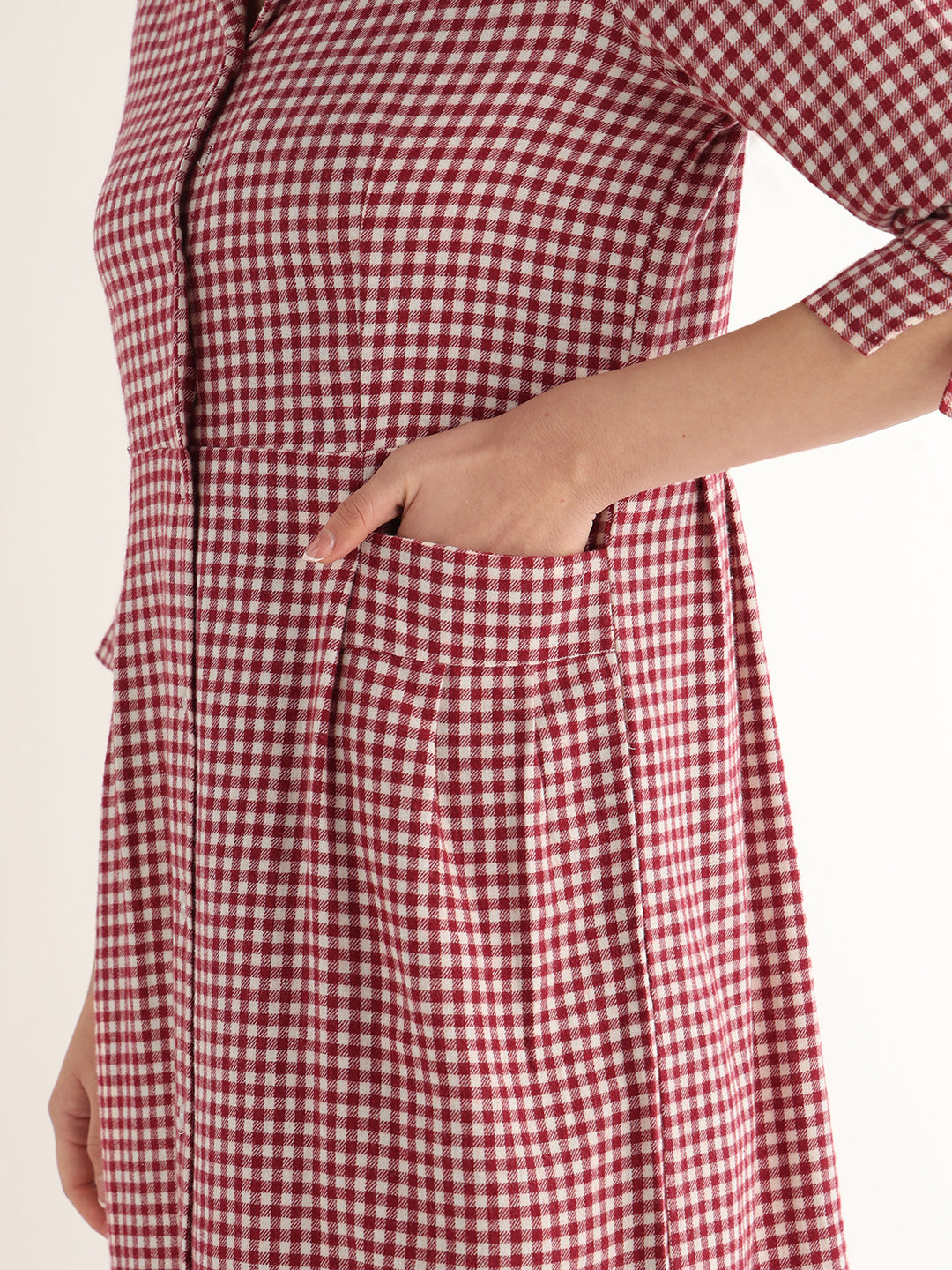 Hancock Women Maroon & White Checked Pure Cotton Regular Fit Formal Dress
