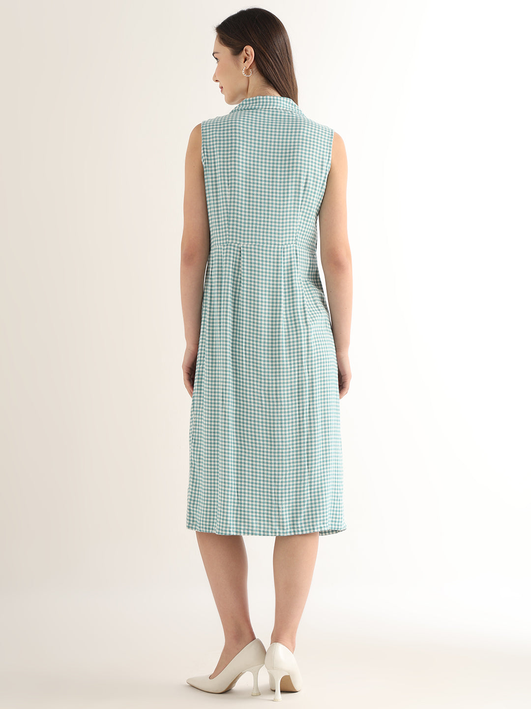 Hancock Women Green & White Checked Pure Cotton Regular Fit Formal Dress