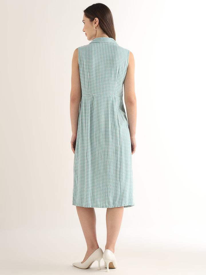 Hancock Women Green & White Checked Pure Cotton Regular Fit Formal Dress