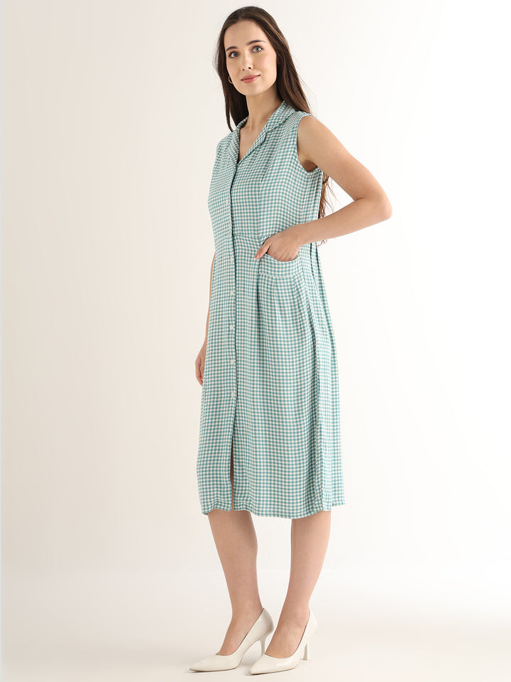 Hancock Women Green & White Checked Pure Cotton Regular Fit Formal Dress