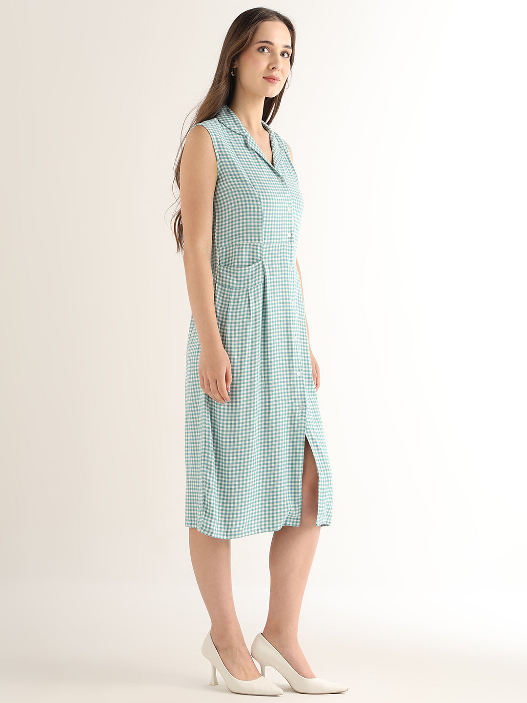Hancock Women Green & White Checked Pure Cotton Regular Fit Formal Dress