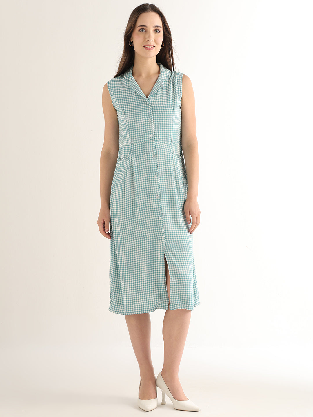 Hancock Women Green & White Checked Pure Cotton Regular Fit Formal Dress