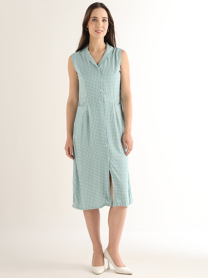 Hancock Women Green & White Checked Pure Cotton Regular Fit Formal Dress