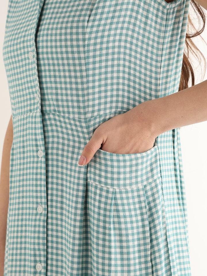 Hancock Women Green & White Checked Pure Cotton Regular Fit Formal Dress