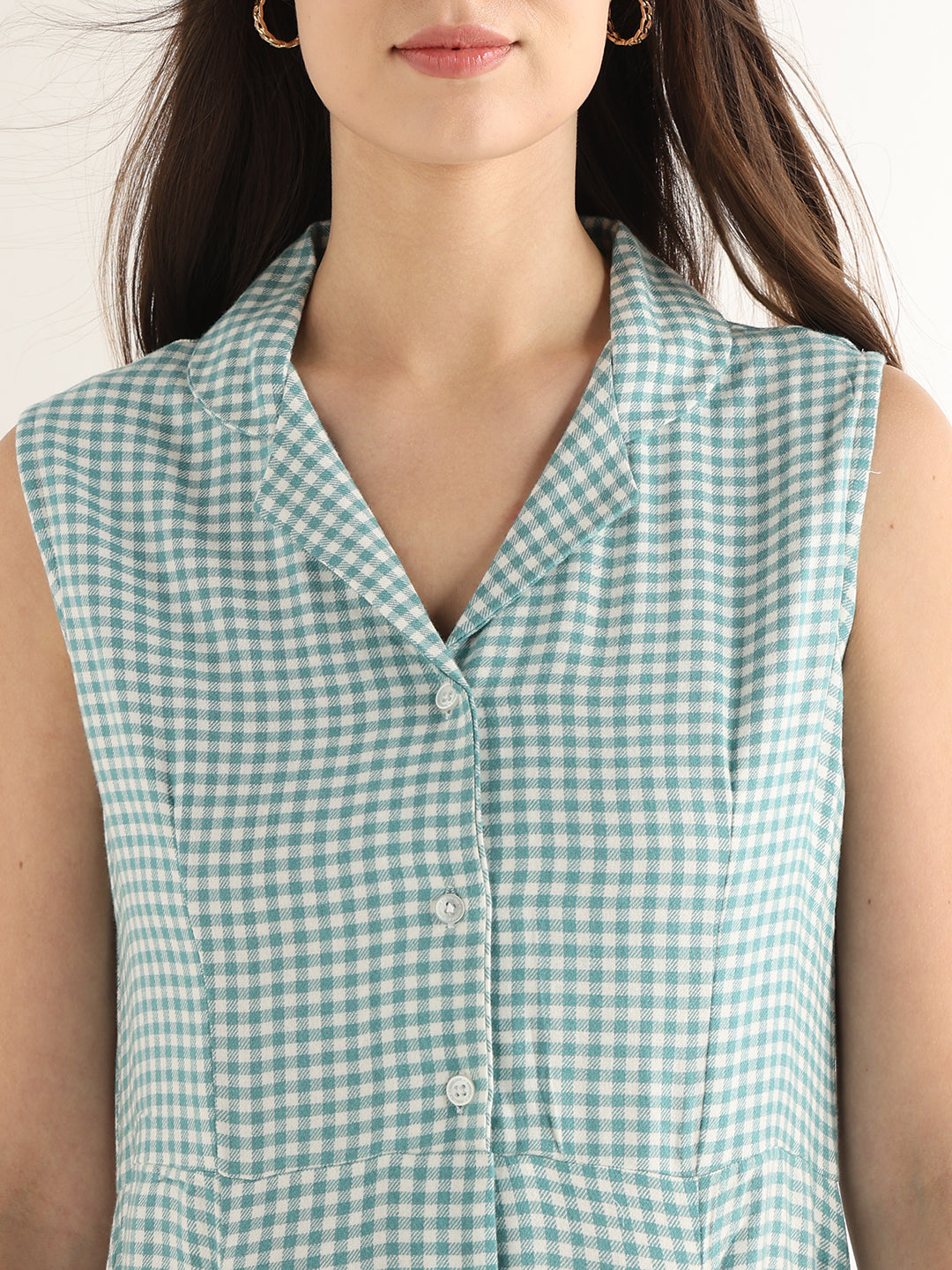 Hancock Women Green & White Checked Pure Cotton Regular Fit Formal Dress