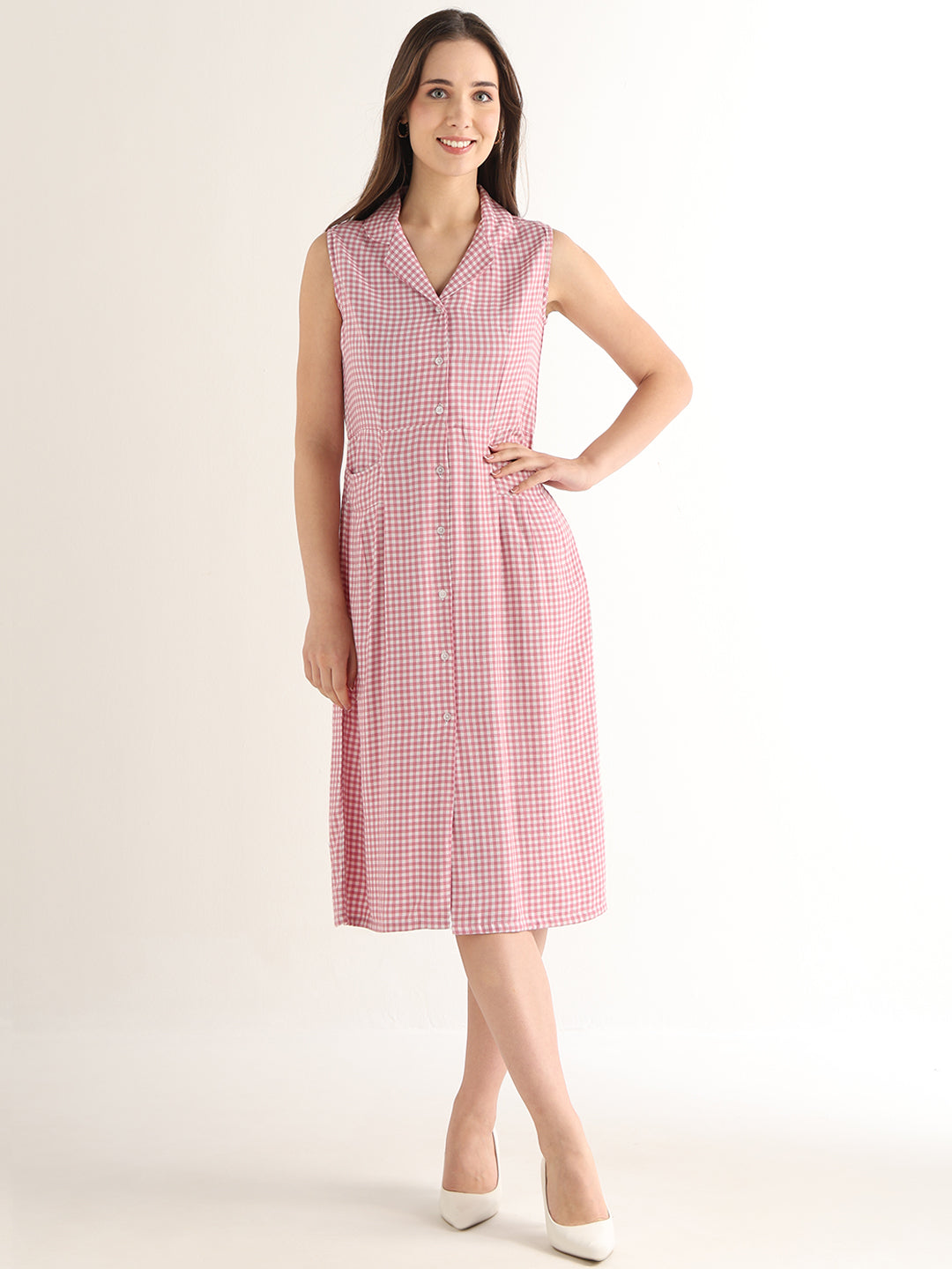 Hancock Women Pink & White Checked Pure Cotton Regular Fit Formal Dress