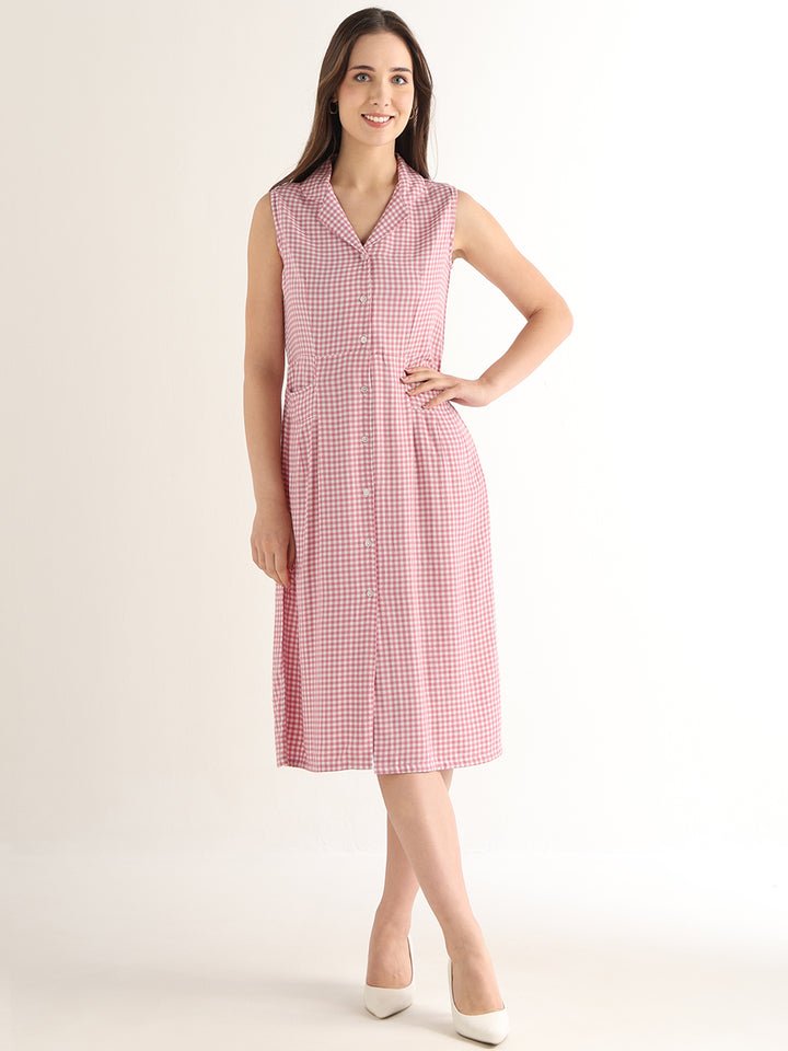 Hancock Women Pink & White Checked Pure Cotton Regular Fit Formal Dress