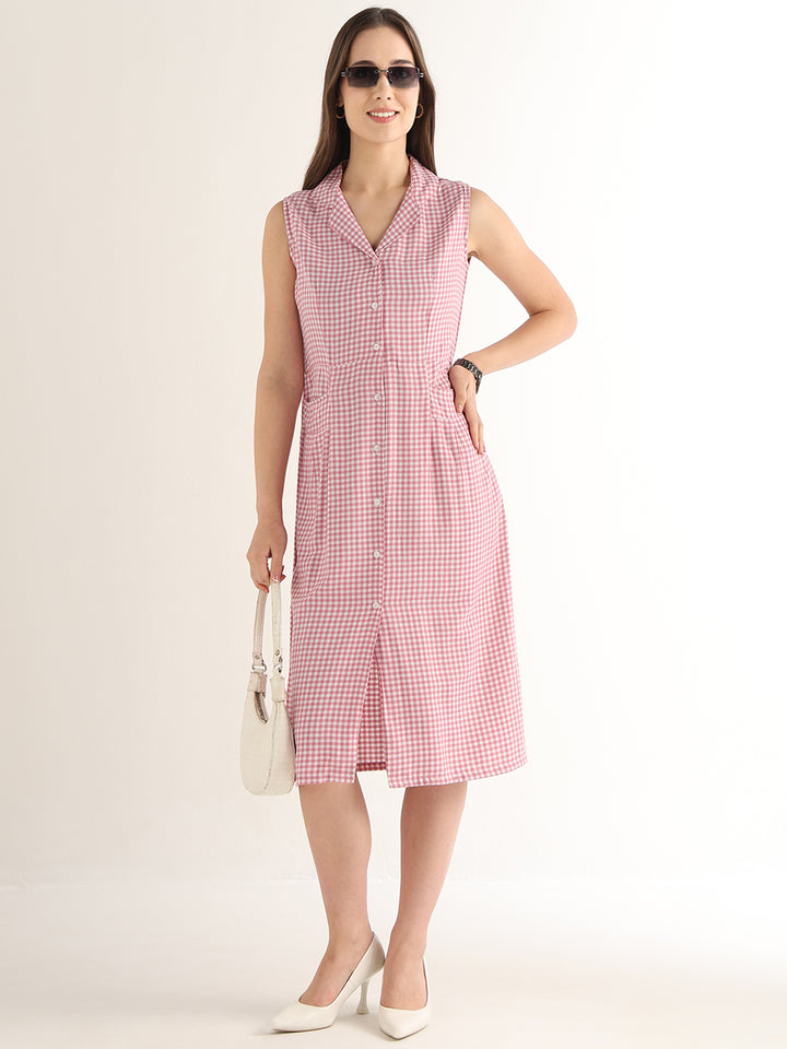 Hancock Women Pink & White Checked Pure Cotton Regular Fit Formal Dress