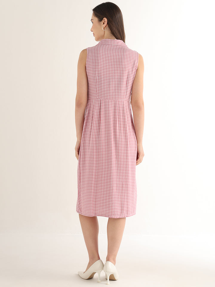 Hancock Women Pink & White Checked Pure Cotton Regular Fit Formal Dress