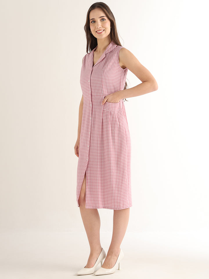 Hancock Women Pink & White Checked Pure Cotton Regular Fit Formal Dress