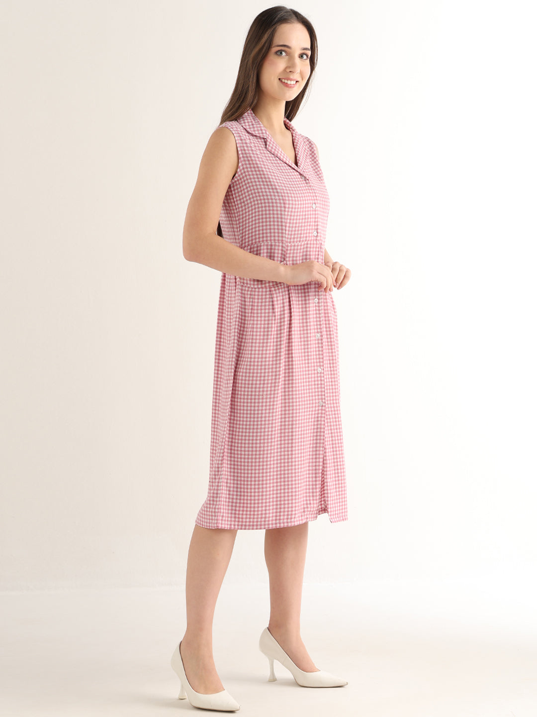 Hancock Women Pink & White Checked Pure Cotton Regular Fit Formal Dress