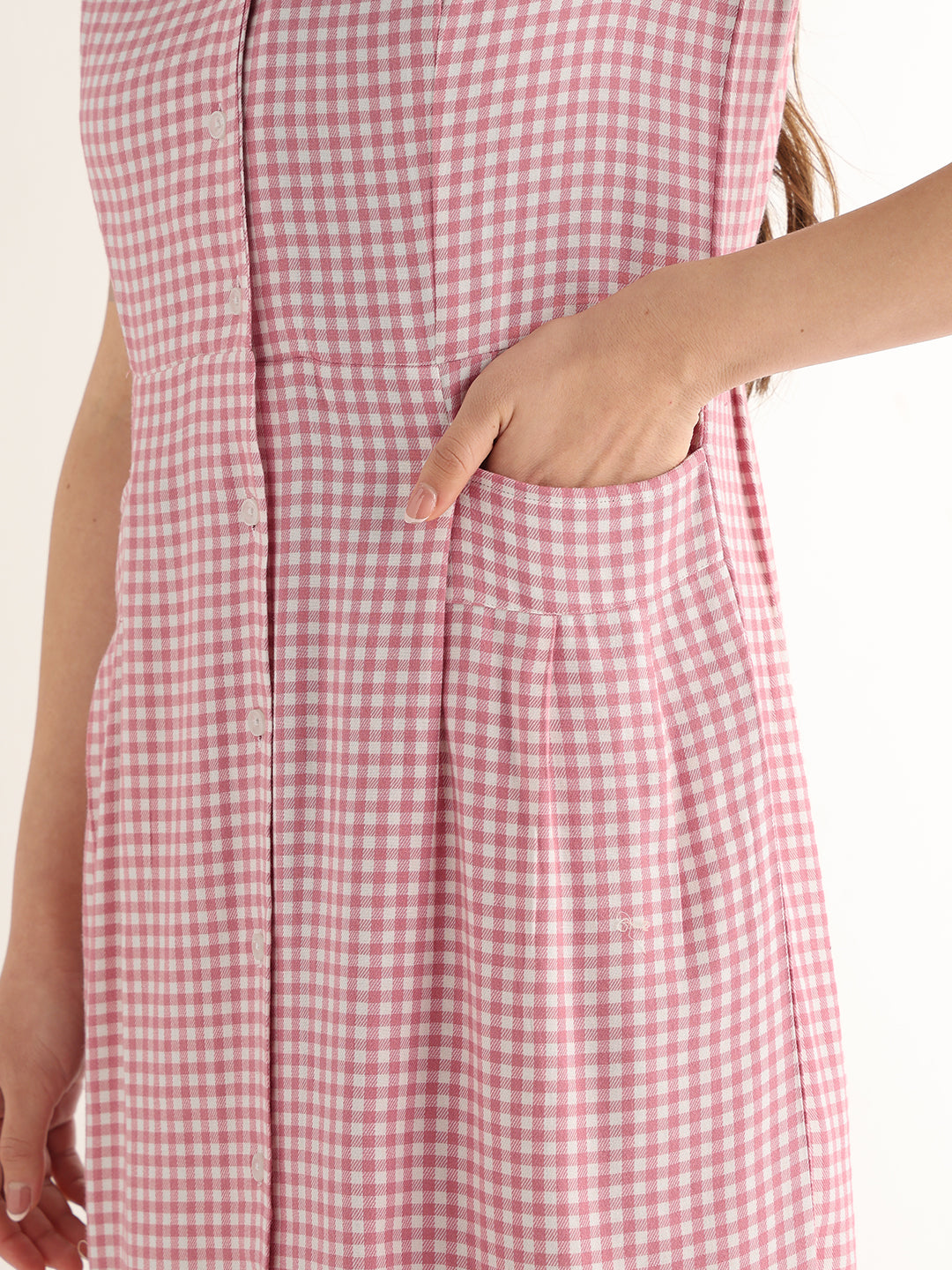 Hancock Women Pink & White Checked Pure Cotton Regular Fit Formal Dress