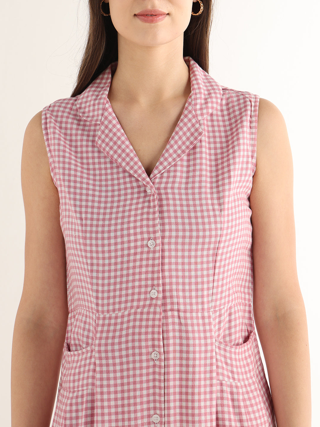 Hancock Women Pink & White Checked Pure Cotton Regular Fit Formal Dress