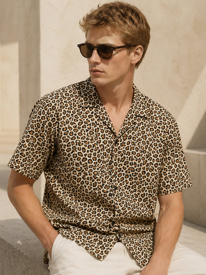Men Beige & Black Leapord Printed Viscose Rayon Relaxed Fit Casual Resort Shirt