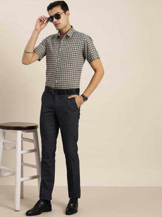 Men White & Brown Checked Cotton Rich Regular Fit Formal Shirt