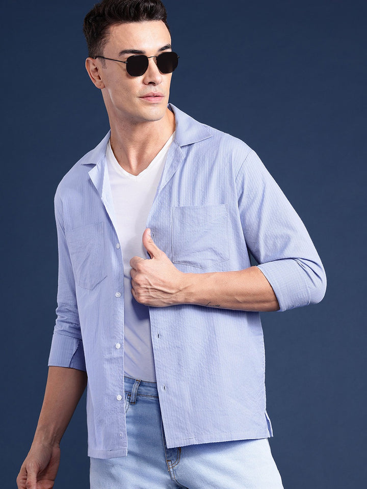 Men Blue Solid Pure Cotton Relaxed Fit Casual Shirt