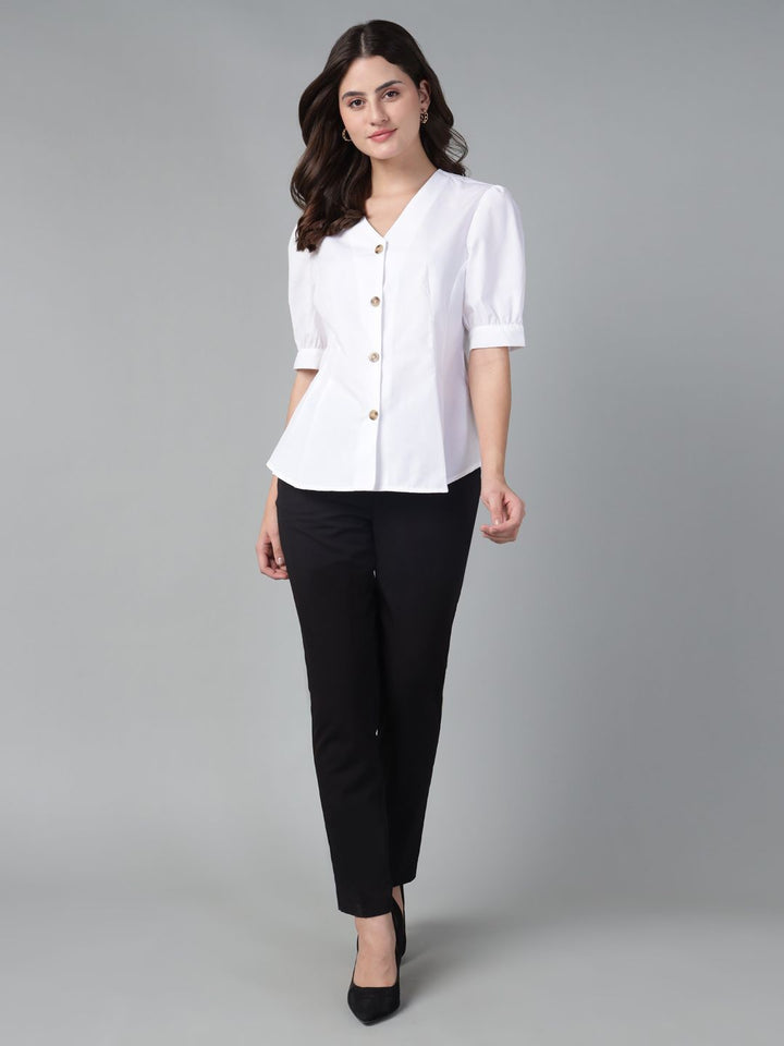 Hancock Women White Solid Pure Cotton V-Neck Pleated Regular Fit Formal Shirt