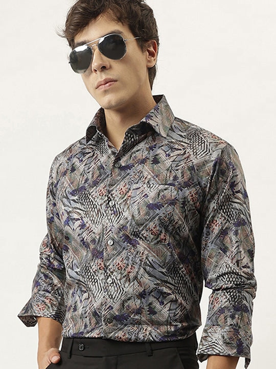 Men Grey & Multi Cotton Satin Abstract Digital Printed Slim Fit Party Shirt