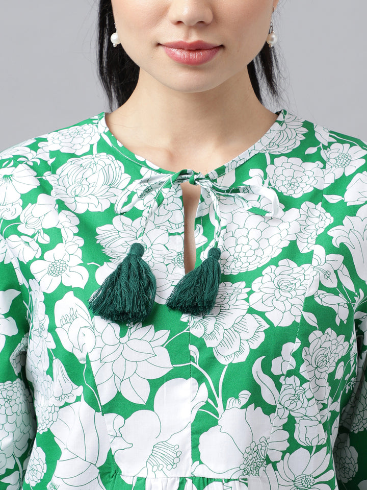 Women Green & White Prints Pure Cotton Regular Fit Formal Top