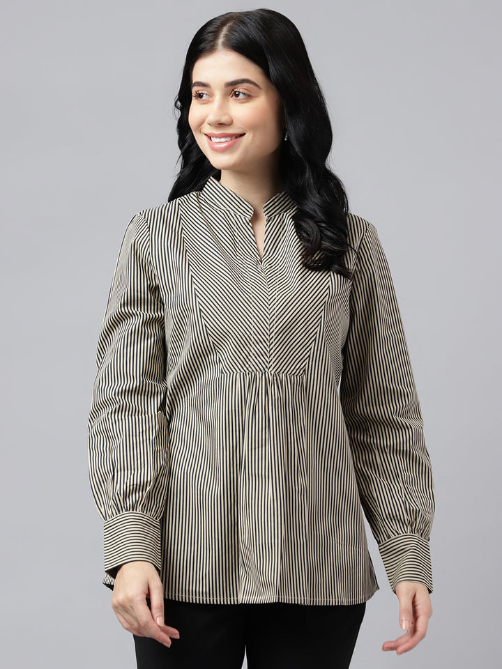 Women Beige & Black Stripes Pure Cotton Regular Fit Formal Top