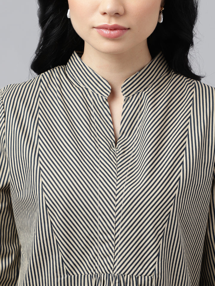 Women Beige & Black Stripes Pure Cotton Regular Fit Formal Top