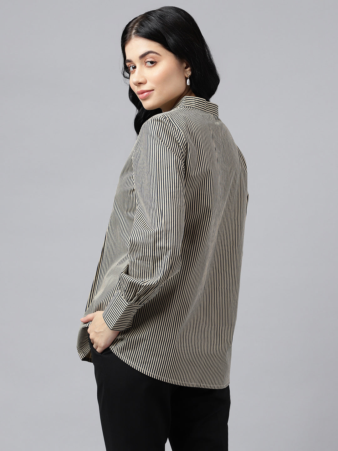 Women Beige & Black Stripes Pure Cotton Regular Fit Formal Top