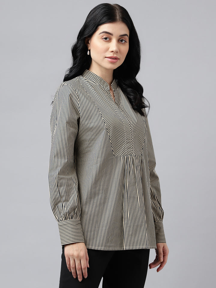 Women Beige & Black Stripes Pure Cotton Regular Fit Formal Top