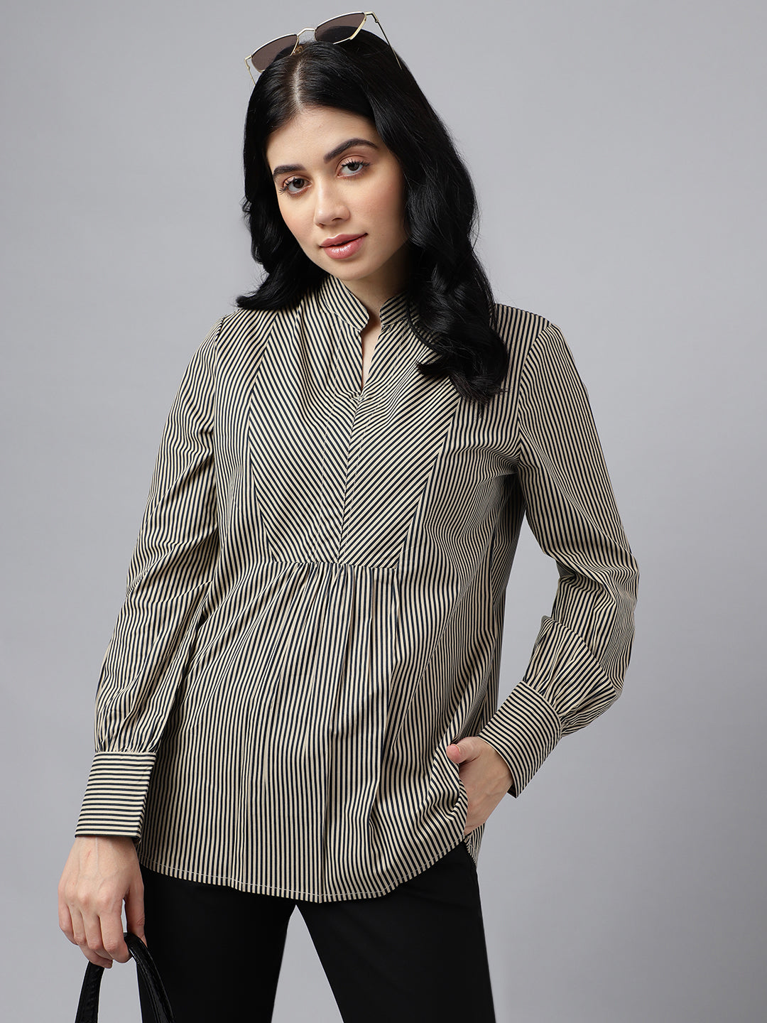 Women Beige & Black Stripes Pure Cotton Regular Fit Formal Top