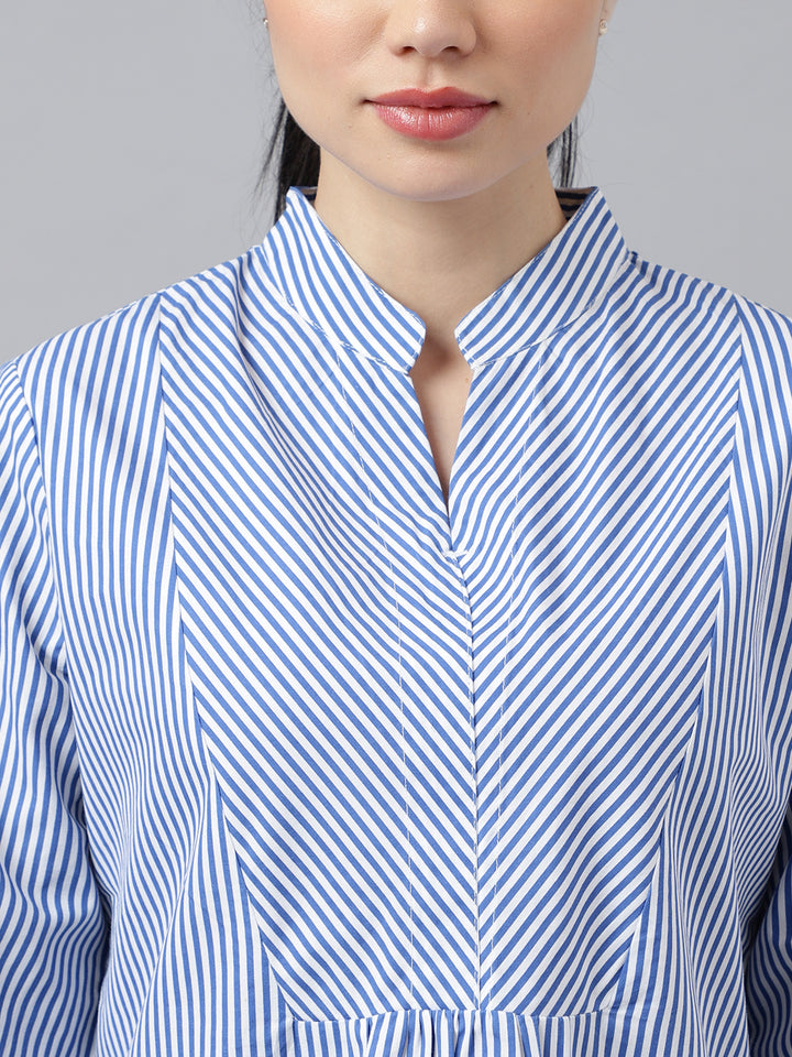 Women White & Blue Stripes Pure Cotton Regular Fit Formal Top
