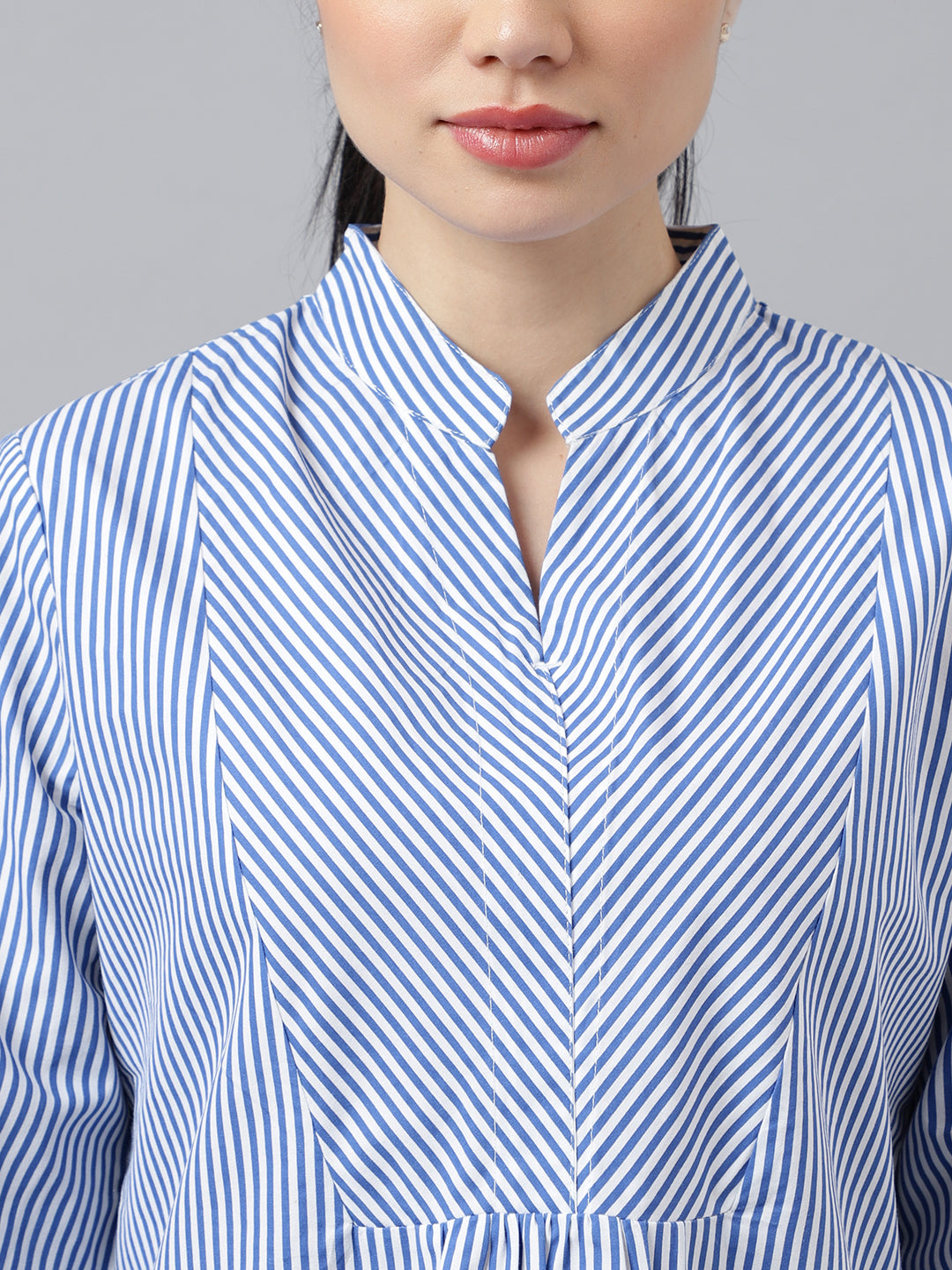 Women White & Blue Stripes Pure Cotton Regular Fit Formal Top