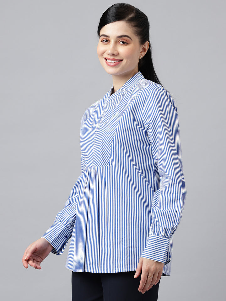 Women White & Blue Stripes Pure Cotton Regular Fit Formal Top