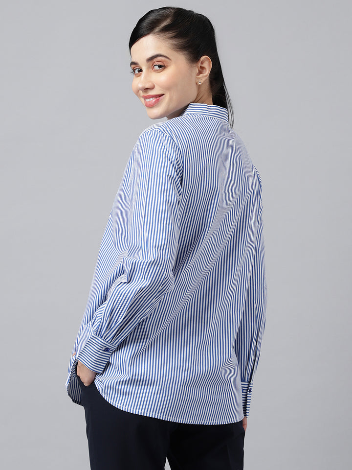 Women White & Blue Stripes Pure Cotton Regular Fit Formal Top