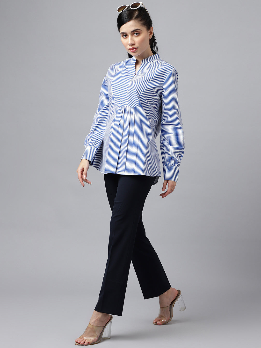 Women White & Blue Stripes Pure Cotton Regular Fit Formal Top