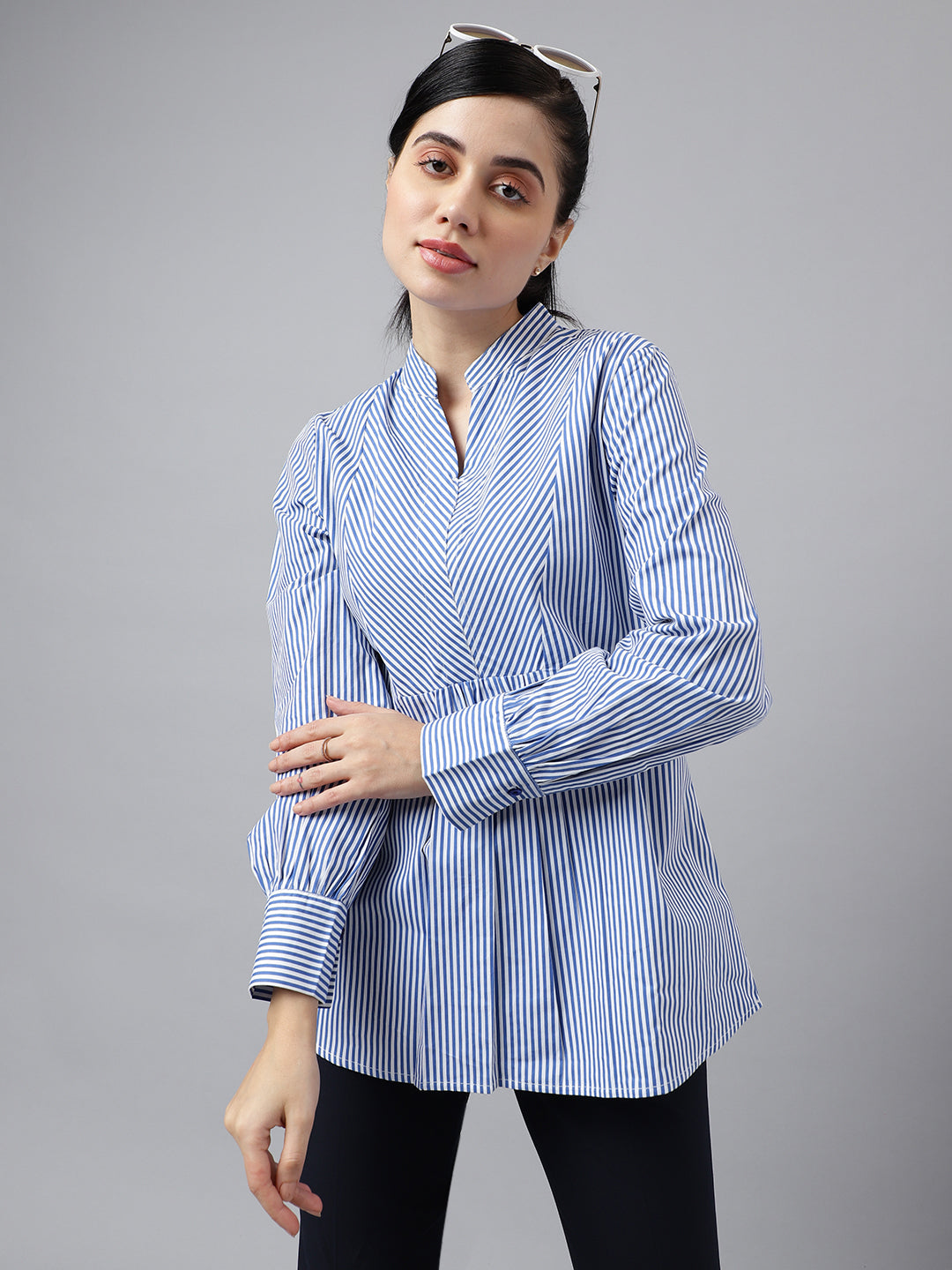 Women White & Blue Stripes Pure Cotton Regular Fit Formal Top