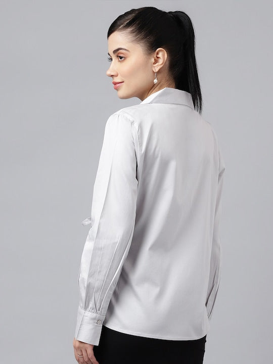 Women Light Grey Solid Satin Regular Fit Formal Top