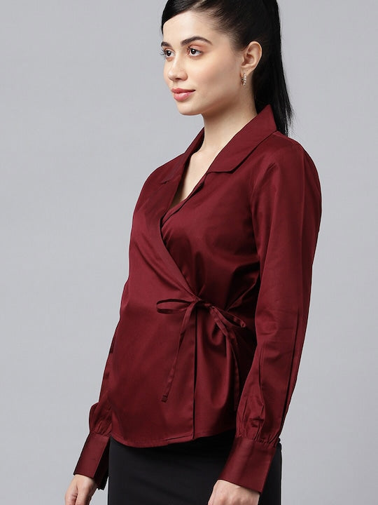 Women Burgundy Solid Satin Regular Fit Formal Top