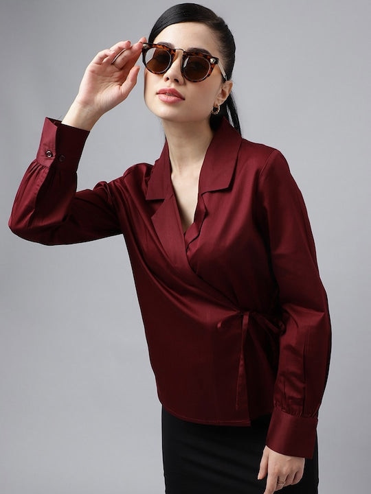 Women Burgundy Solid Satin Regular Fit Formal Top