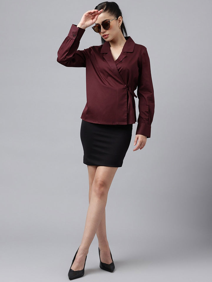 Women Burgundy Solid Satin Regular Fit Formal Top