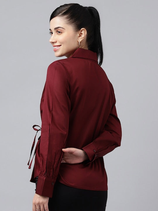 Women Burgundy Solid Satin Regular Fit Formal Top