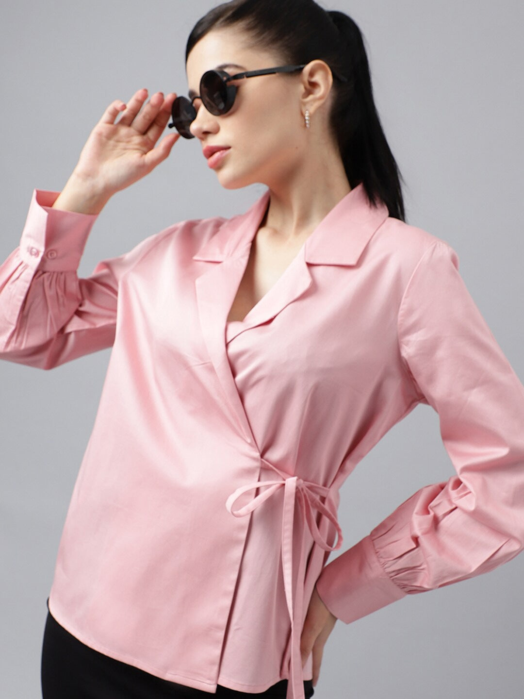 Women Pink Solid Satin Regular Fit Formal Top