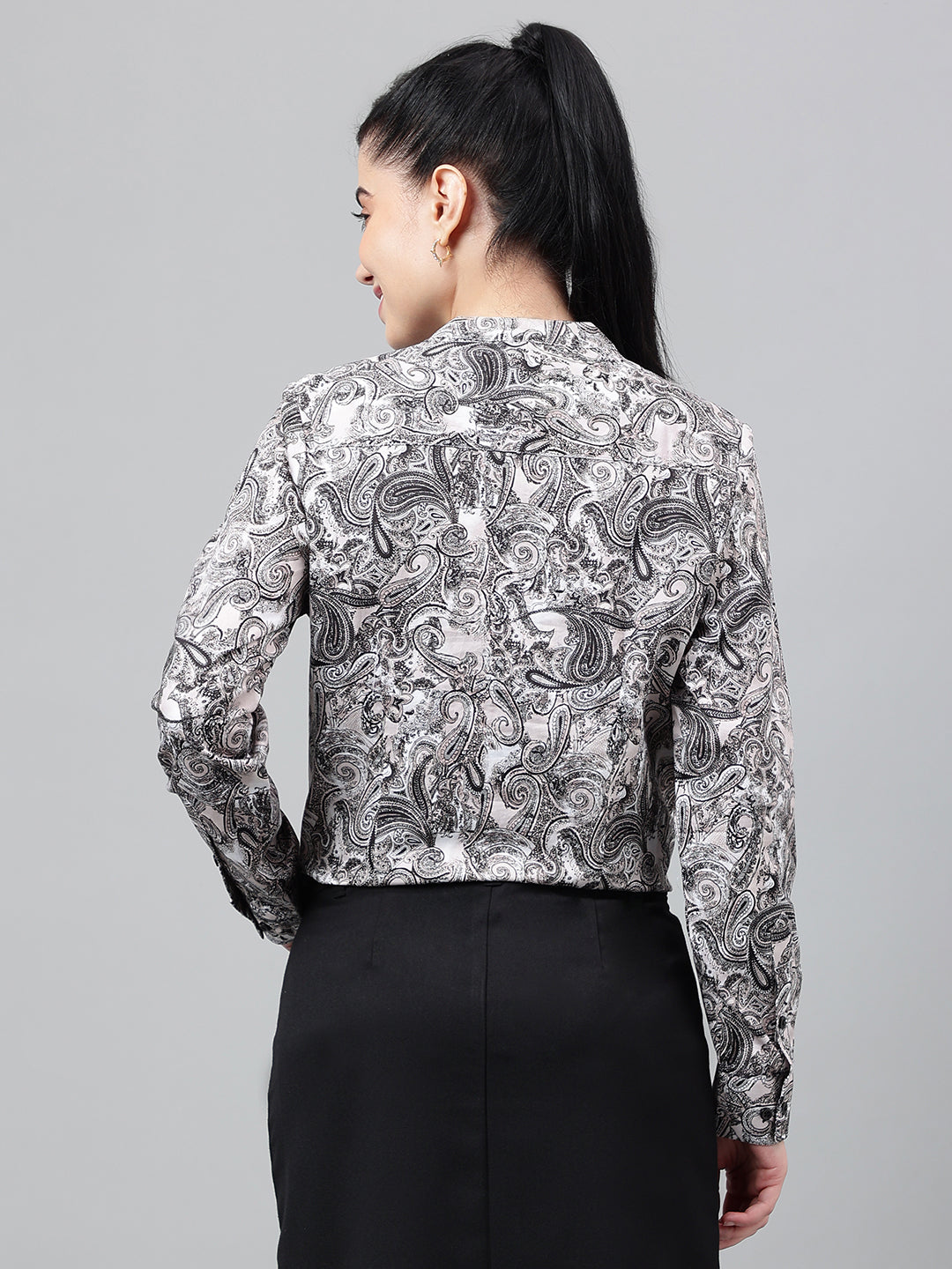 Women Beige Floral Digital Printed Cotton Satin Long Sleeves Regular Fit Formal Top