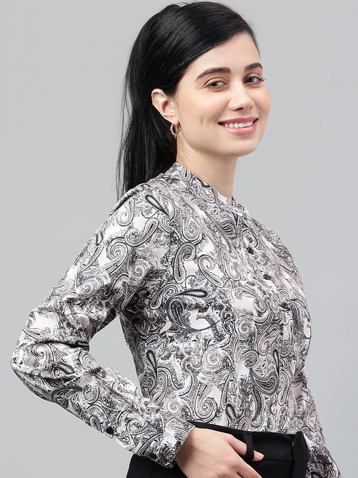 Women Beige Floral Digital Printed Cotton Satin Long Sleeves Regular Fit Formal Top